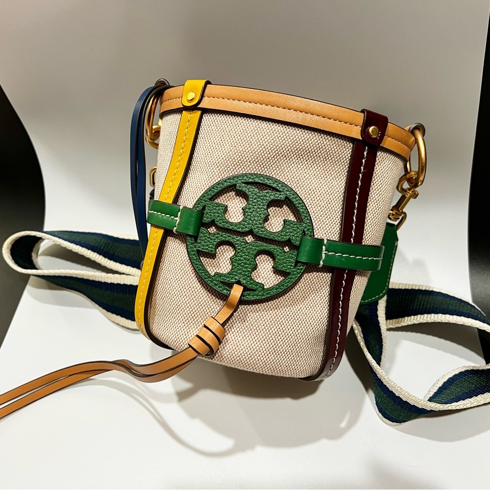 Tory Burch Miller Canvas Mini Bucket Bag 71999 Natural Brown Green Yellow